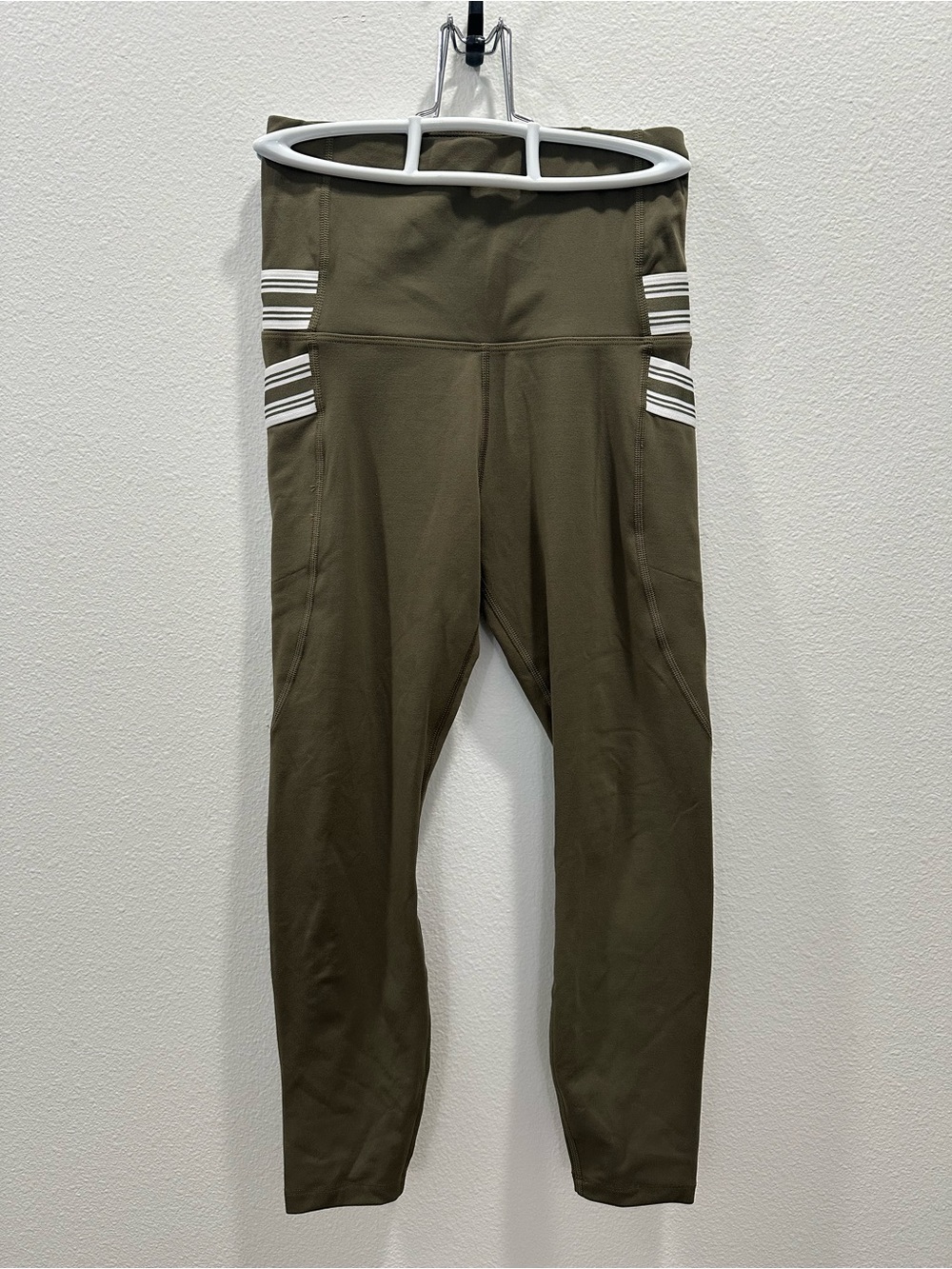 Lorna Jane Olive Green Active Leggings White Stripe Detail running gym athletic
